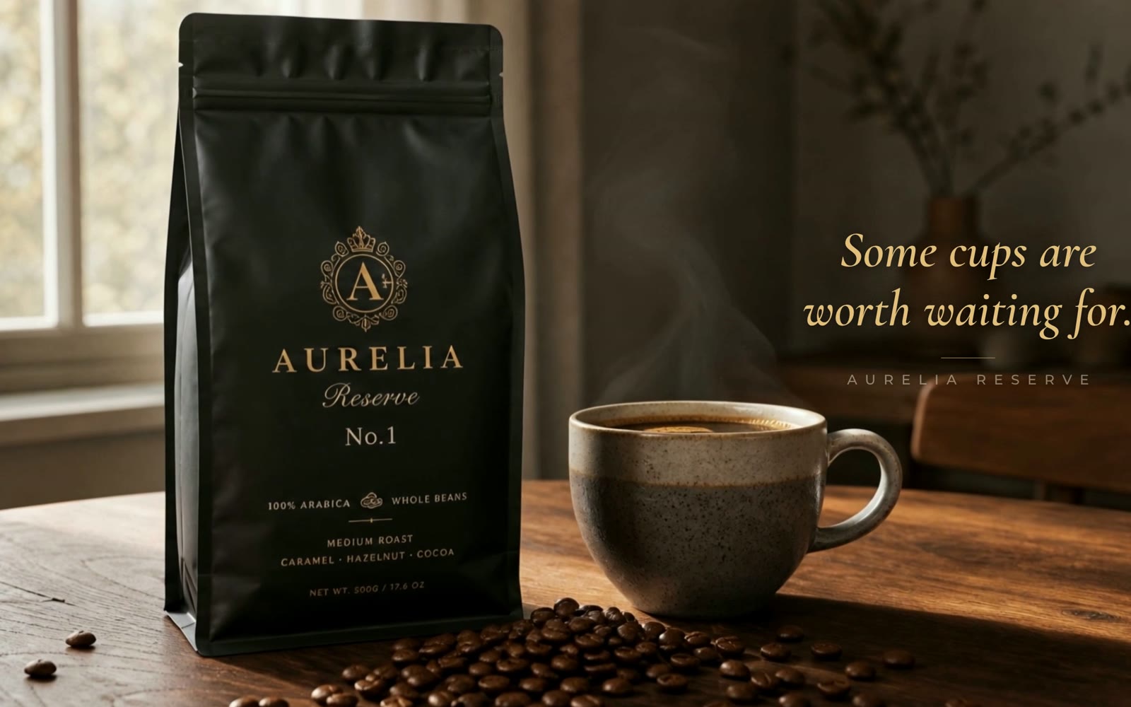 Aurelia Reserve coffee bag beside a steaming cup on a wooden table