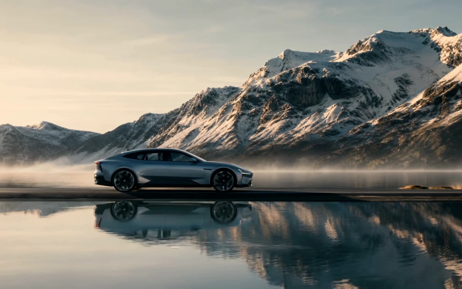 EONA One electric car reflected in a mountain lake