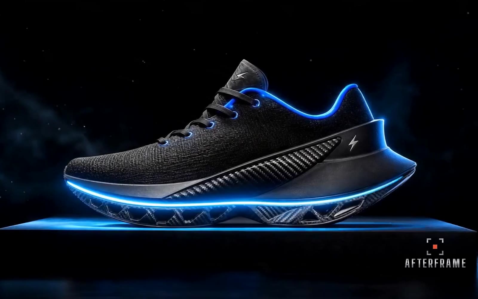 Volt 01 running shoe glowing blue on a dark podium